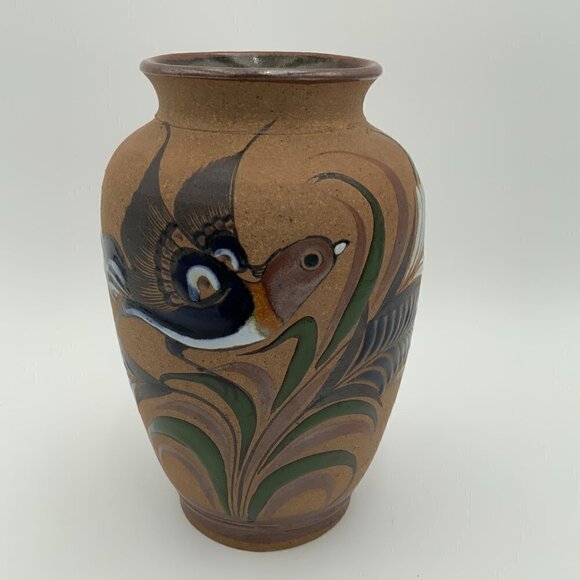 Vintage Mexico TONALA Vase Folk Art Pottery Hand Painted Bird TACAT - Picture 2 of 8